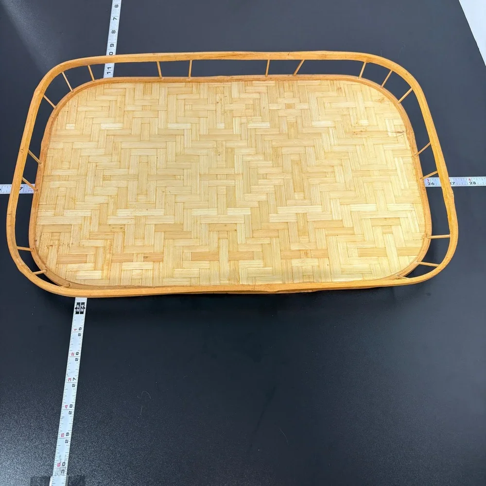 Woven Bamboo Serving Tray 16x11 Tan Boho Coastal Home Decor Style Layer Natural